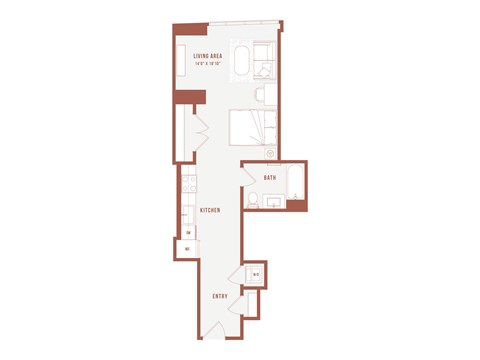A floor plan of a house with a living area, kitchen, bath, and entry.